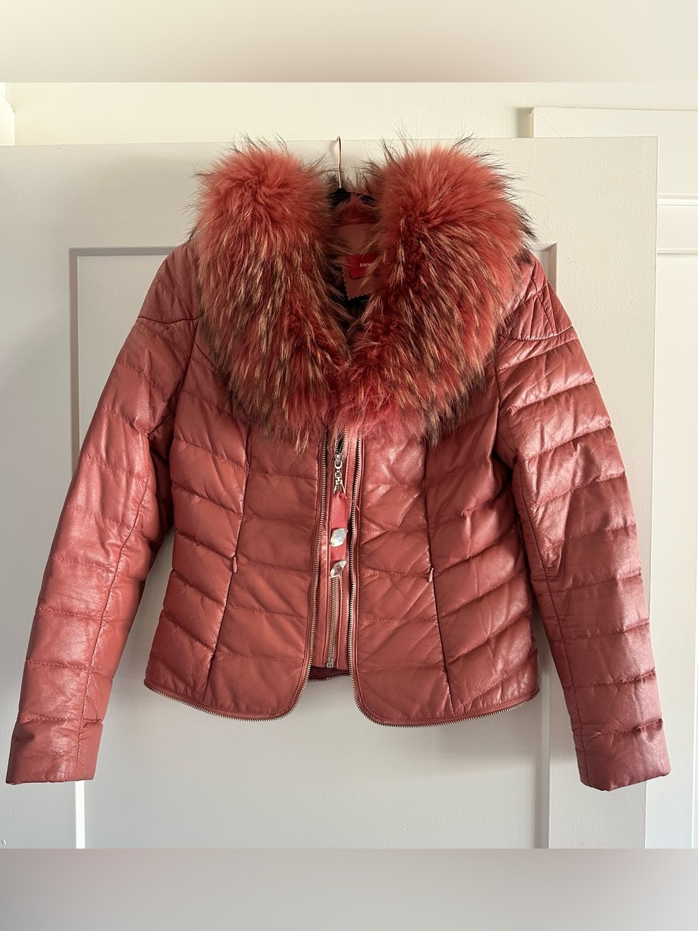 Luxury Y2K Sheepskin Leather Duck Down Jacket with Plush Raccoon Fur Collar Pink